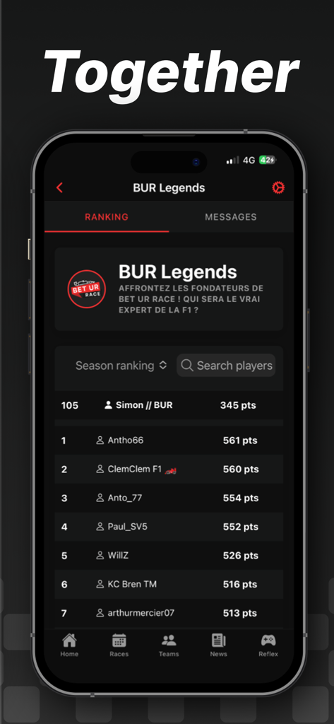 BERACE - Racing Predictions - Una interfaz móvil de la aplicación BERACE que muestra una tabla de clasificación de temporada con nombres de usuario y puntos de predicción.