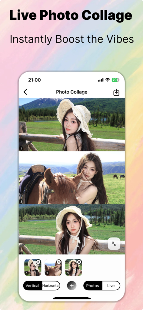 Interfaz del collage de fotos en vivo vertical de la aplicación CamFusion con una mujer en un paisaje de montaña y un caballo