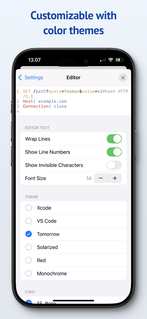 Proxygen app settings screen showing editor customization options and available color themes like Xcode and VS Code