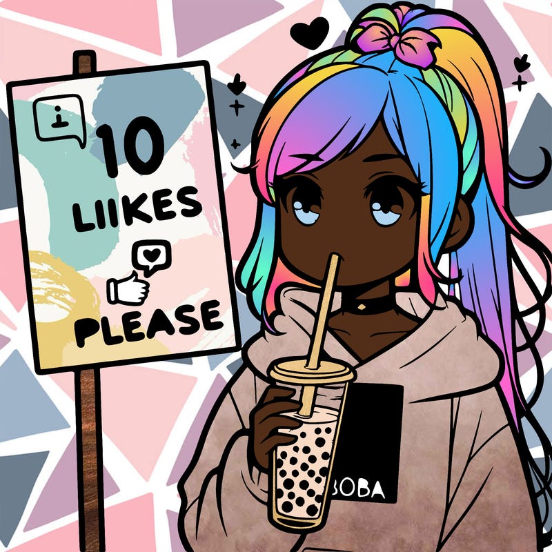 girl with a high ponytail and a hoodie drinking boba staring at a sign saying 10 likes please
