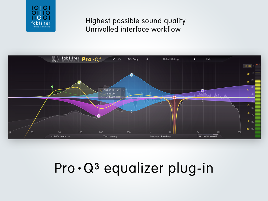 Oberfläche des professionellen Equalizer-Plugins FabFilter Pro-Q 3 mit Frequenzbändern und Spektrumanalysator