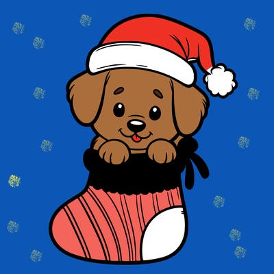 cute puppy wearing santa hat in socking