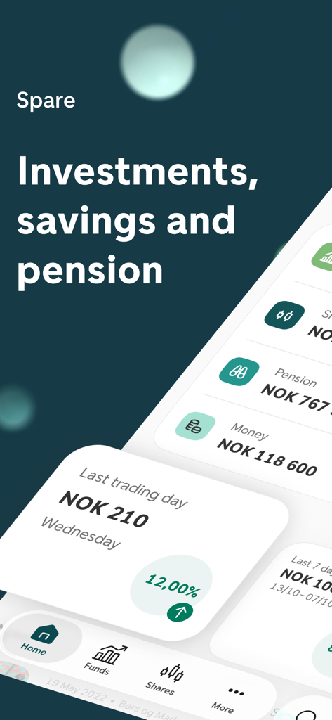Spare - Spare mobile app dashboard displaying investment savings and pension values with daily trading data