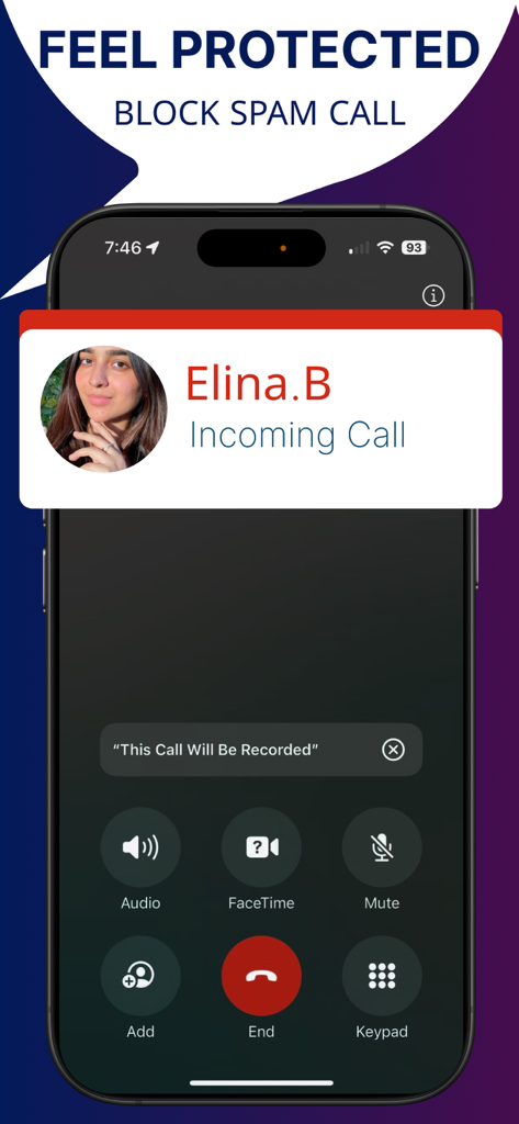 Caller ID Phone + - 발신자 ID 전화 플러스 앱에서 프로필 사진과 보안을 위한 통화 녹음 알림이 표시된 수신 통화 인터페이스