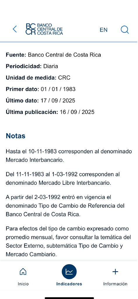 Details of economic indicators from the Central Bank of Costa Rica app showing data source and periodicity