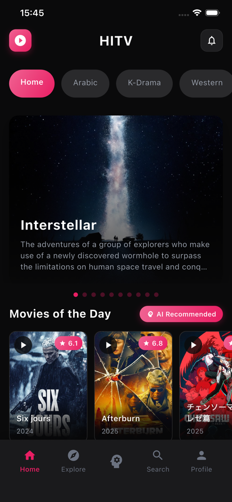 Hi Tv : Ai Explore for Movies - Hi Tv app home screen featuring AI movie recommendations and categories for K-Drama and Western cinema