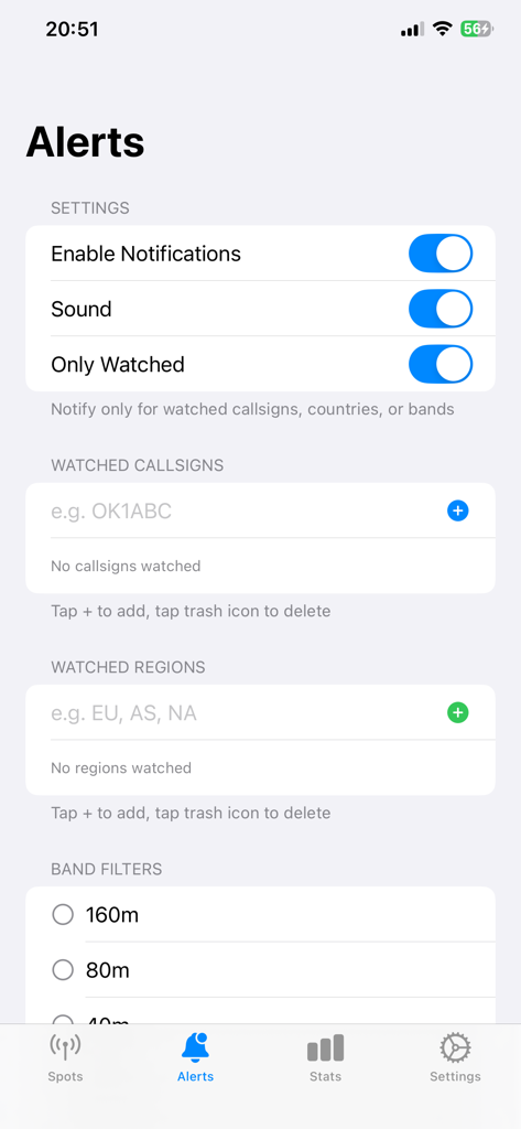 DX Cluster monitor - The alerts configuration screen in DX Cluster Monitor for setting up notifications by callsign, region, and frequency band.