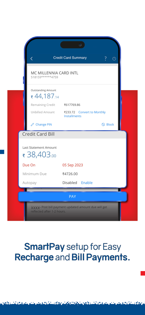 HDFC Bank MobileBanking app credit card bill summary and payment screen
