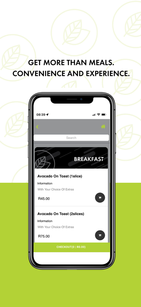 FreshApp - FreshApp mobile screen showing a breakfast menu with avocado on toast options.