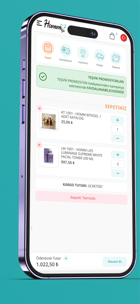 Mobile shopping cart screen of the Homm Life app displaying natural beauty products and checkout total