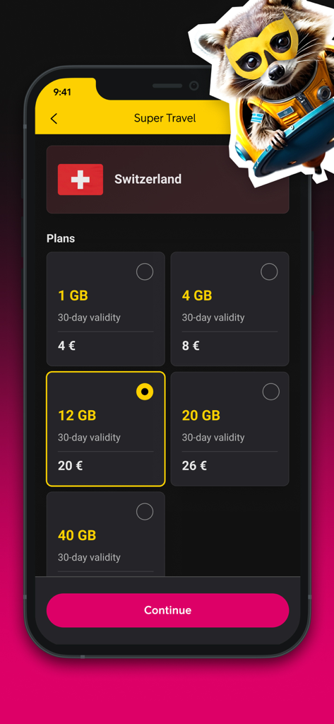 Mobile app interface showing various eSIM data plan options for Switzerland with prices and validity