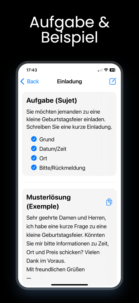 A German B1 writing exam task and sample solution for an invitation in the app.
