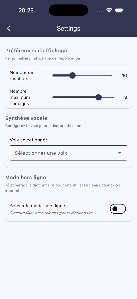 Dico API - Menú de configuración de la aplicación Dico API con preferencias de pantalla, selección de voz de texto a voz y opción de modo sin conexión.