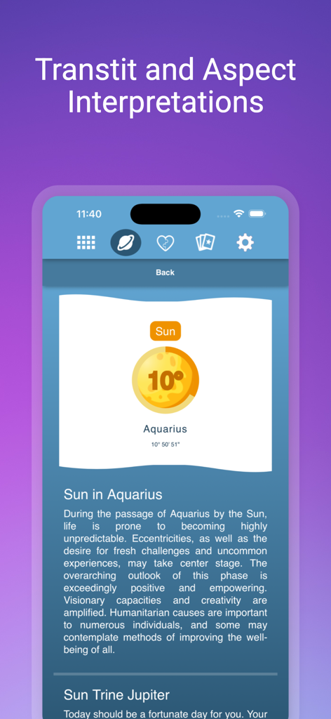 Horoscopes - A mobile app screen showing astrological transit and aspect interpretations for Sun in Aquarius.