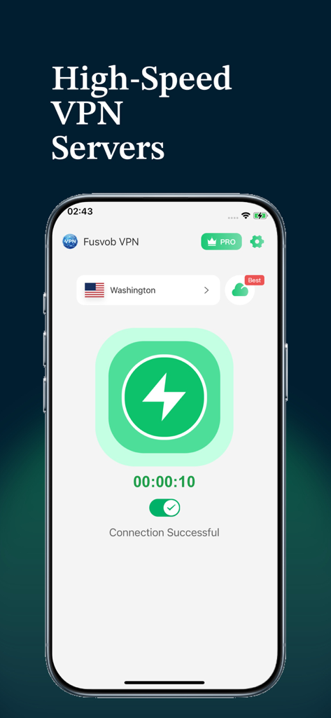 Fusvob VPN app interface showing a successful high speed connection to a Washington server.