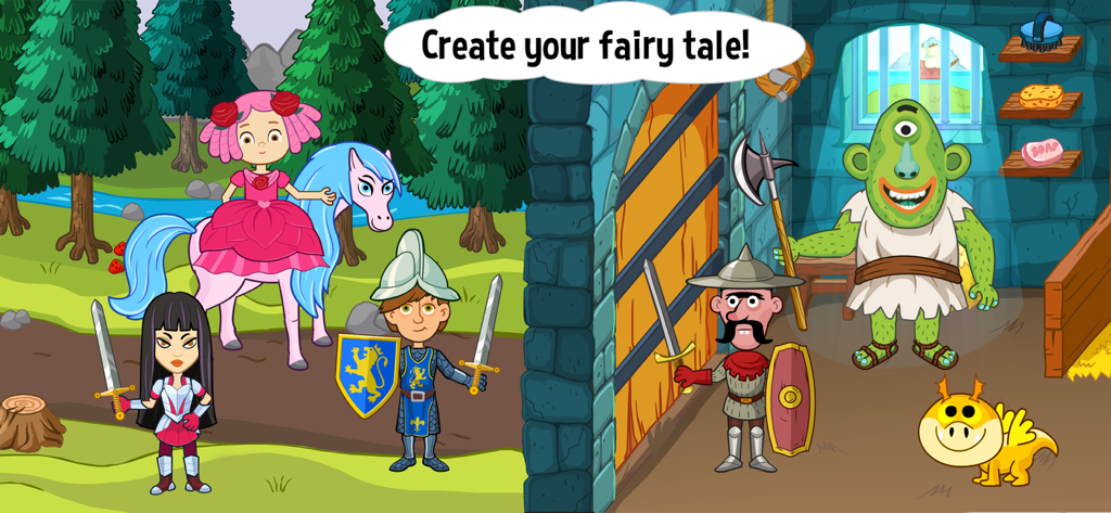 Pepi Wonder World: Magic Isles - Princesa en un caballo azul, caballeros y un monstruo cíclope verde en un escenario de cuento de hadas.