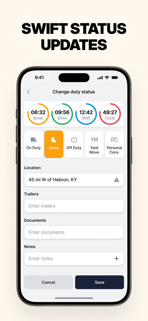 Oberfläche der ELD Hub App zur Änderung des Dienststatus mit Zeitgebern für Pause, Fahrt und Schicht