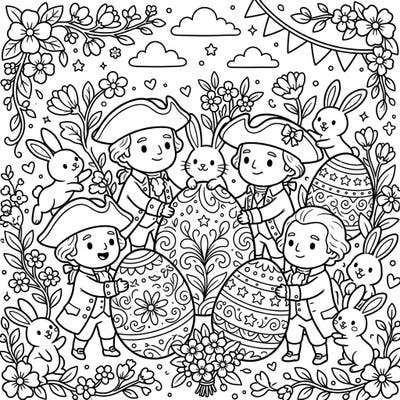 Step back in time for an adorable Easter celebration with this charming coloring page featuring chibi founding figures. Join them alongside playful bunnies and intricately decorated eggs, ready for your creative touch.