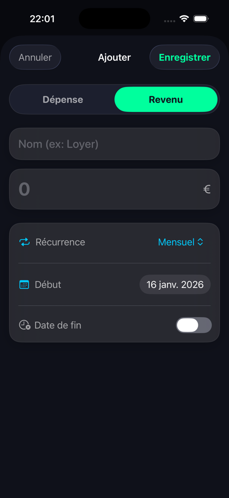 Manual income and expense entry screen in JetMoney dark mode interface