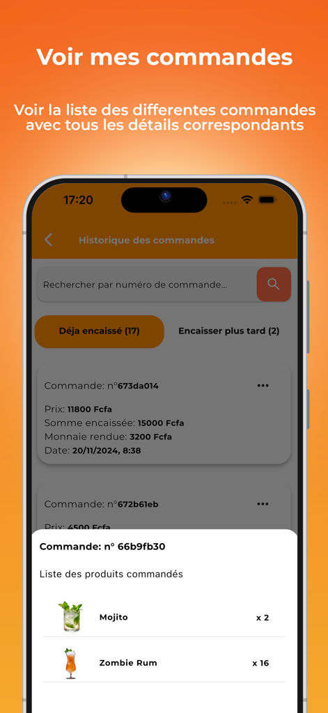 E-maquis: Serveur/Serveuse - Order history and beverage details view in the E-maquis server mobile app.