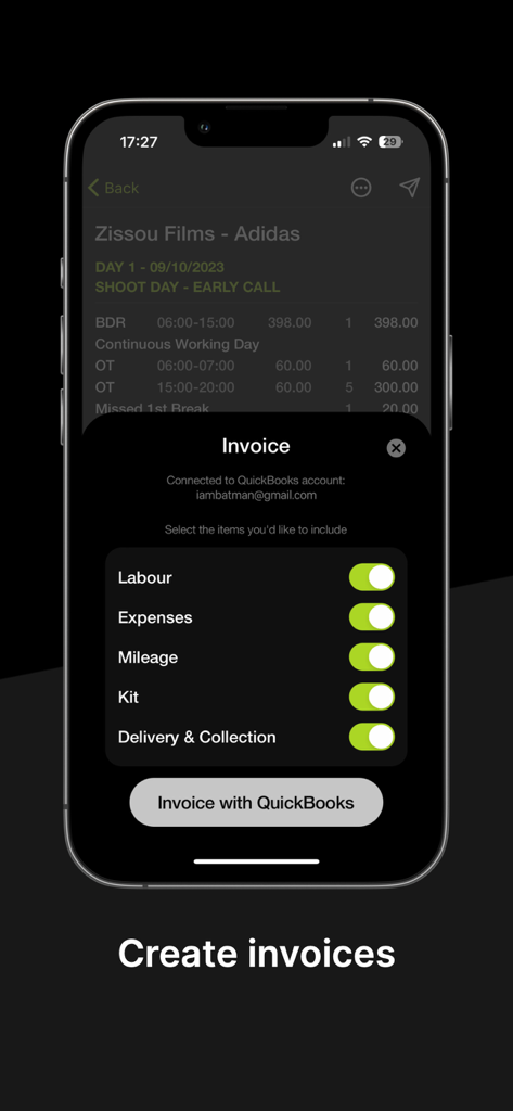 Interface for creating invoices with QuickBooks integration in the Rate APA Calculator app