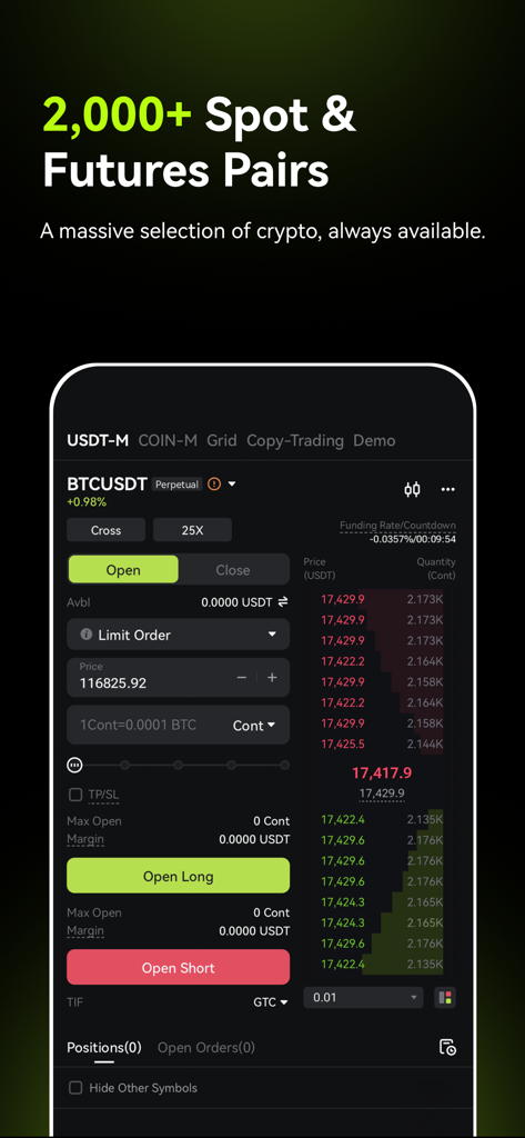 XT.com: Buy Bitcoin & Ethereum - XT.com mobile app showing BTC USDT perpetual futures trading screen with 25x leverage and order book