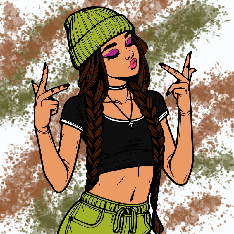 realistic teenage girl with braids and a beanie and crop top doing 🫶🏼