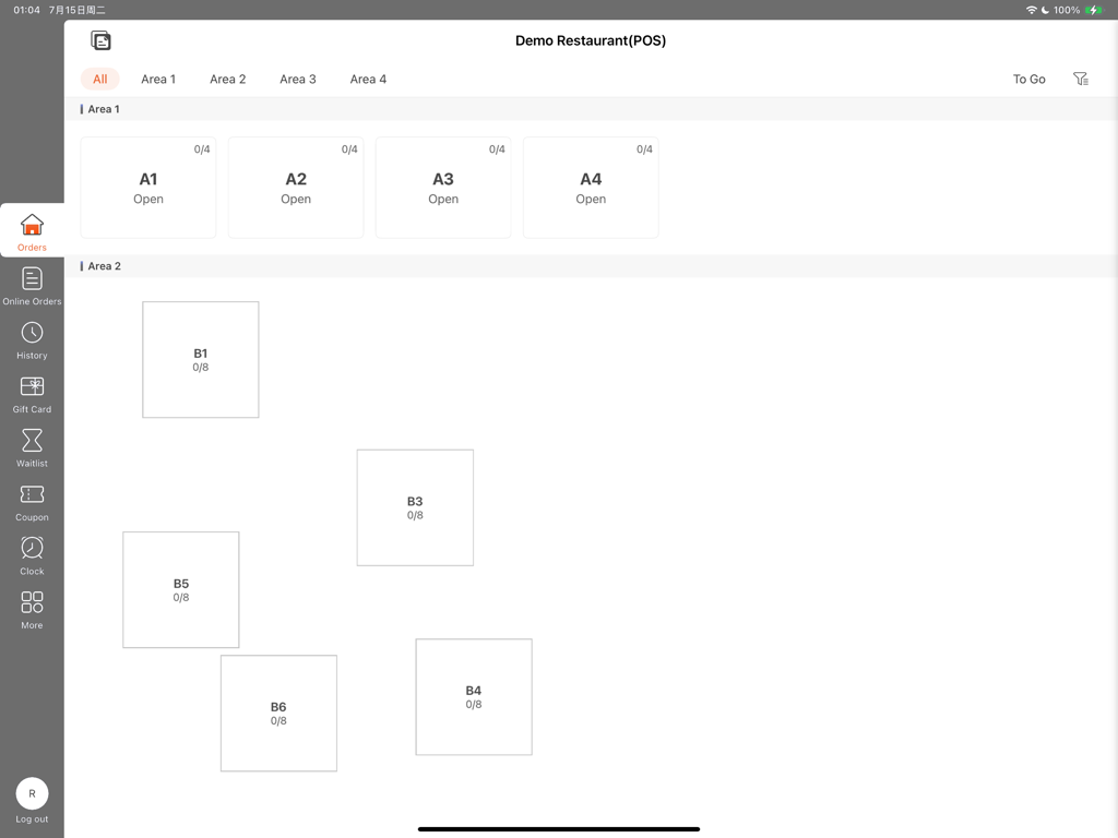 Shop POS - Station - Interfaz de la aplicación Shop POS Station para iPad que muestra la distribución de mesas de un restaurante y el plano de diferentes áreas de comedor.