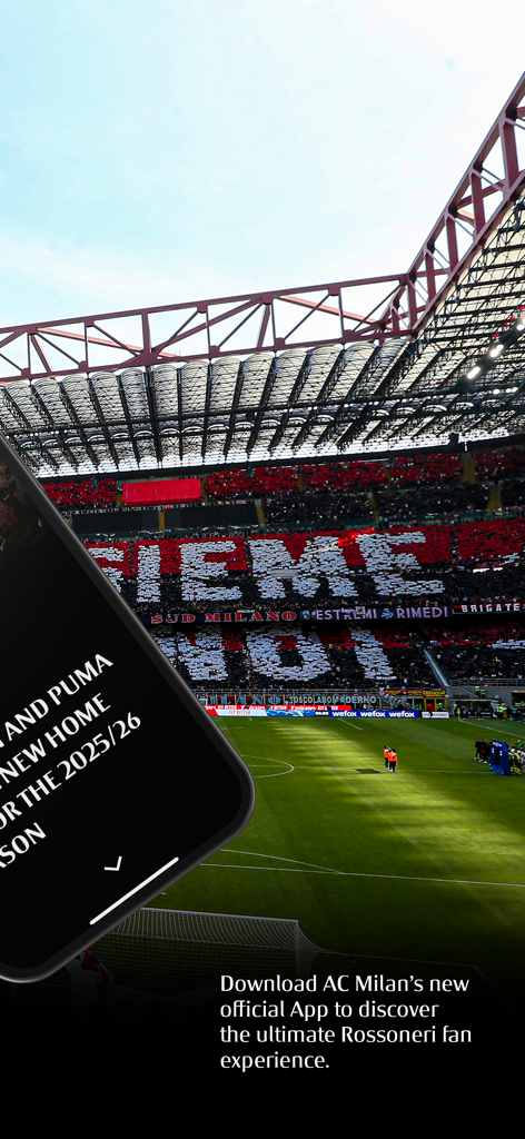 AC Milan fans in San Siro stadium with a large mosaic display and the official app on a smartphone