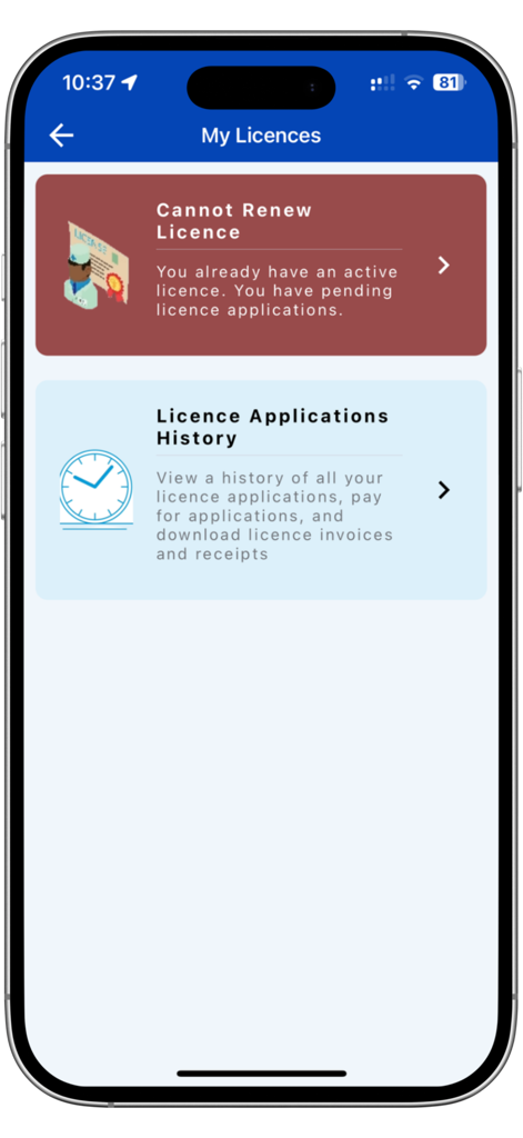 KeNuM - The My Licences screen of the KeNuM app showing license renewal status and application history.
