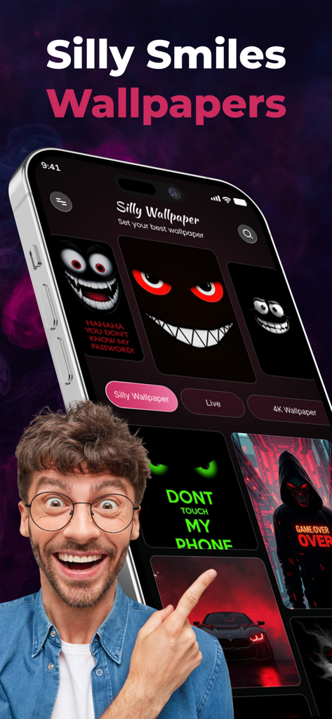 An iPhone displaying the Silly Wallpapers app with fun smile and cool dark backgrounds