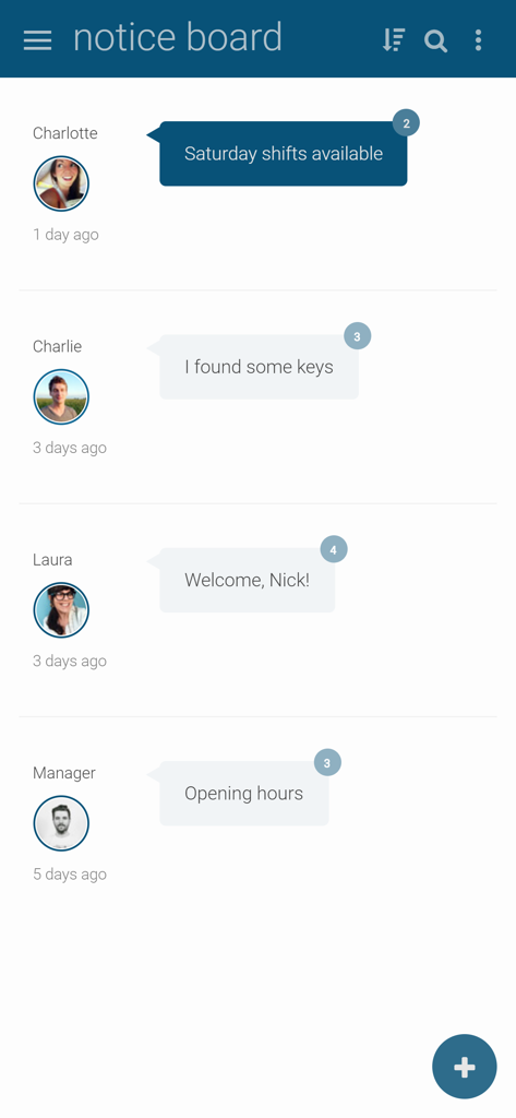 Findmyshift - Findmyshift mobile app notice board displaying employee messages and shift announcements