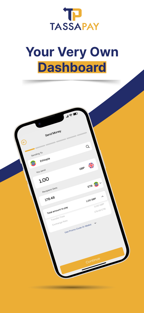 Tassapay - Tassapay app dashboard showing an international money transfer from GBP to ETB