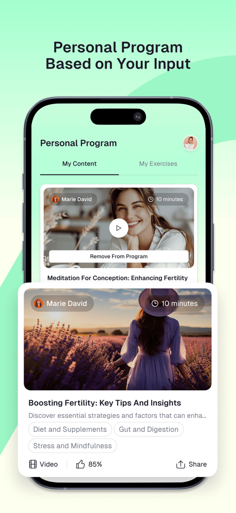 Conceivio - Smartphone screen of Conceivio app showing a personalized fertility program with video guides and articles.