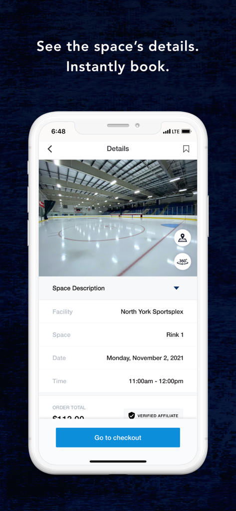 CatchCorner by SI - CatchCorner app screen showing ice rink rental details and booking button