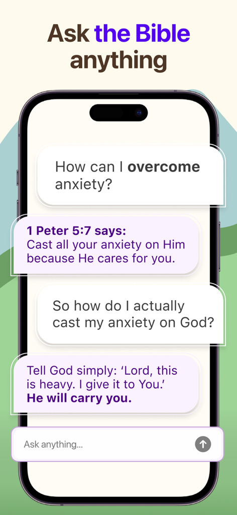 Biblical: Bible Chat & Widget - Smartphone screen displaying an AI chat interface providing biblical guidance on overcoming anxiety.