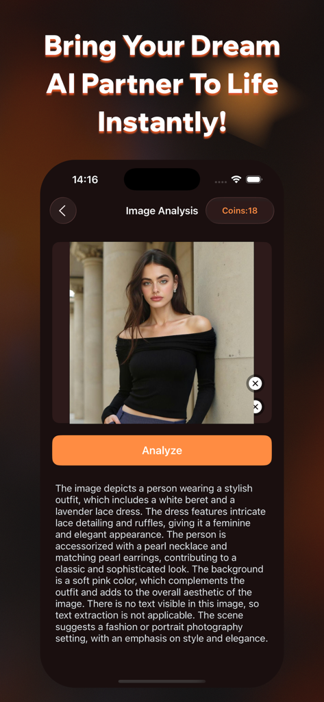 Lumin - AI Partner - A screenshot of the Lumin AI Partner app showcasing its image analysis feature with a photo of a woman and a generated text description.