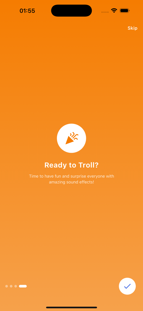 Troll Sounds - Troll Sounds app onboarding screen asking Ready to Troll with a party popper icon