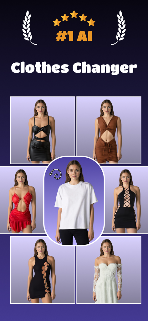 Woman using ReWear AI app to virtually try on various fashion outfits and dresses