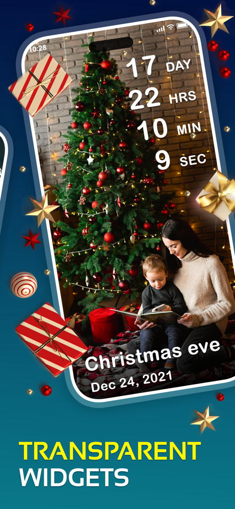Countdown Widget Maker - Un widget transparente de cuenta regresiva de Navidad con un fondo de foto familiar con una madre y un niño cerca de un árbol decorado.