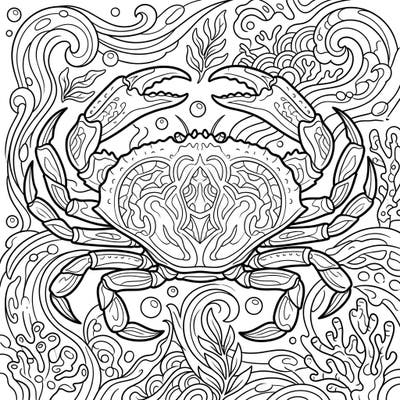 Unleash your creativity with this exquisite Dungeness Crab coloring page, meticulously designed for adults seeking a calming artistic challenge. Its intricate patterns and flowing aquatic background promise hours of stress-relieving engagement.