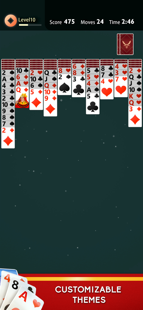 Spider Solitaire - Plus - Spider Solitaire Plus gameplay screen showing a dark starry background and customizable themes
