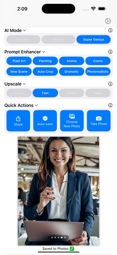 AI Photo Editing - AI Photo Editing app interface showing AI modes prompt enhancers and upscaling options above a professional portrait