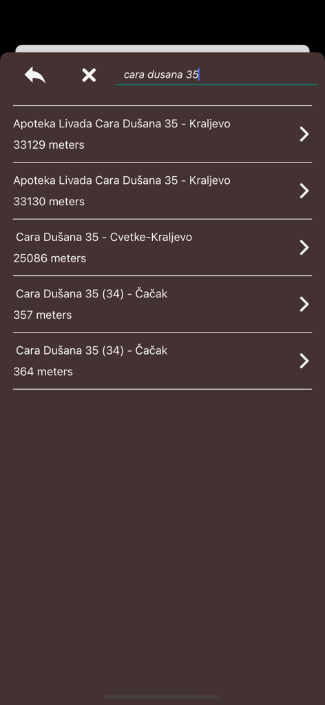 Profi Taxi Vrnjacka Banja - Interfaz de resultados de búsqueda de direcciones en la aplicación Profi Taxi que muestra ubicaciones y distancias en Serbia