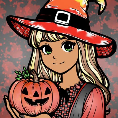 a cute realistic woman wearing a witches hat holding a pumpkin