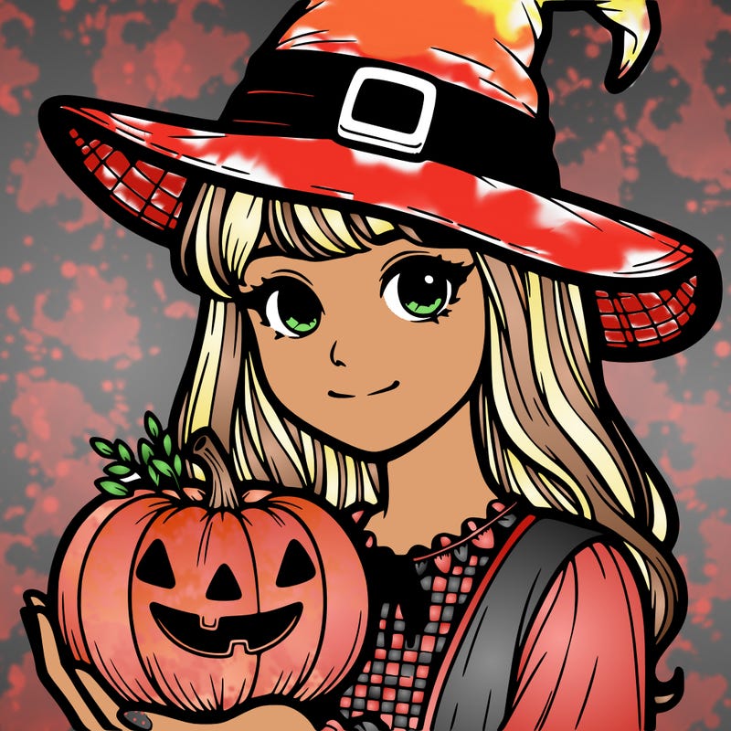 a cute realistic woman wearing a witches hat holding a pumpkin