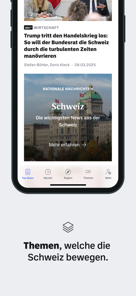 Appenzeller Zeitung - Un smartphone mostrando la sección de noticias nacionales de la app Appenzeller Zeitung con un titular sobre Suiza