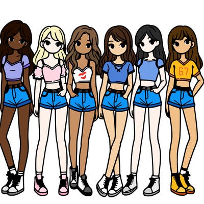 a group of girls wearing crop tops and shorts