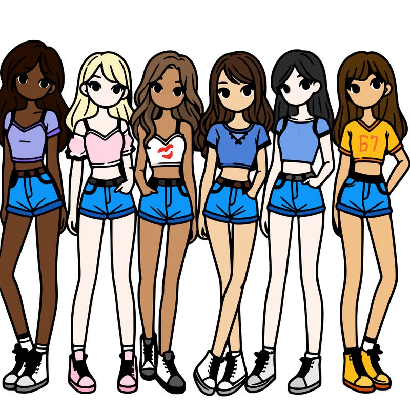 a group of girls wearing crop tops and shorts