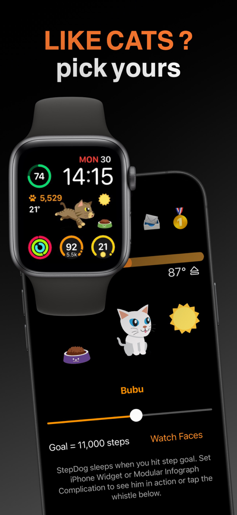 StepDog: Step Counter with Dog - iPhone and Apple Watch displaying the StepDog app with a virtual cat character and step tracking complications